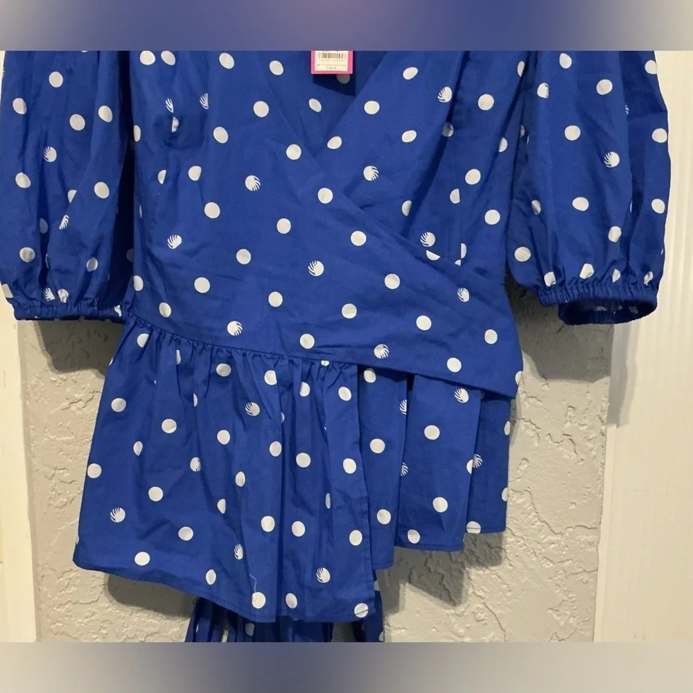 Lilly Pulitzer Blue and White Polka Kara Cotton Wrap Top (NWT)